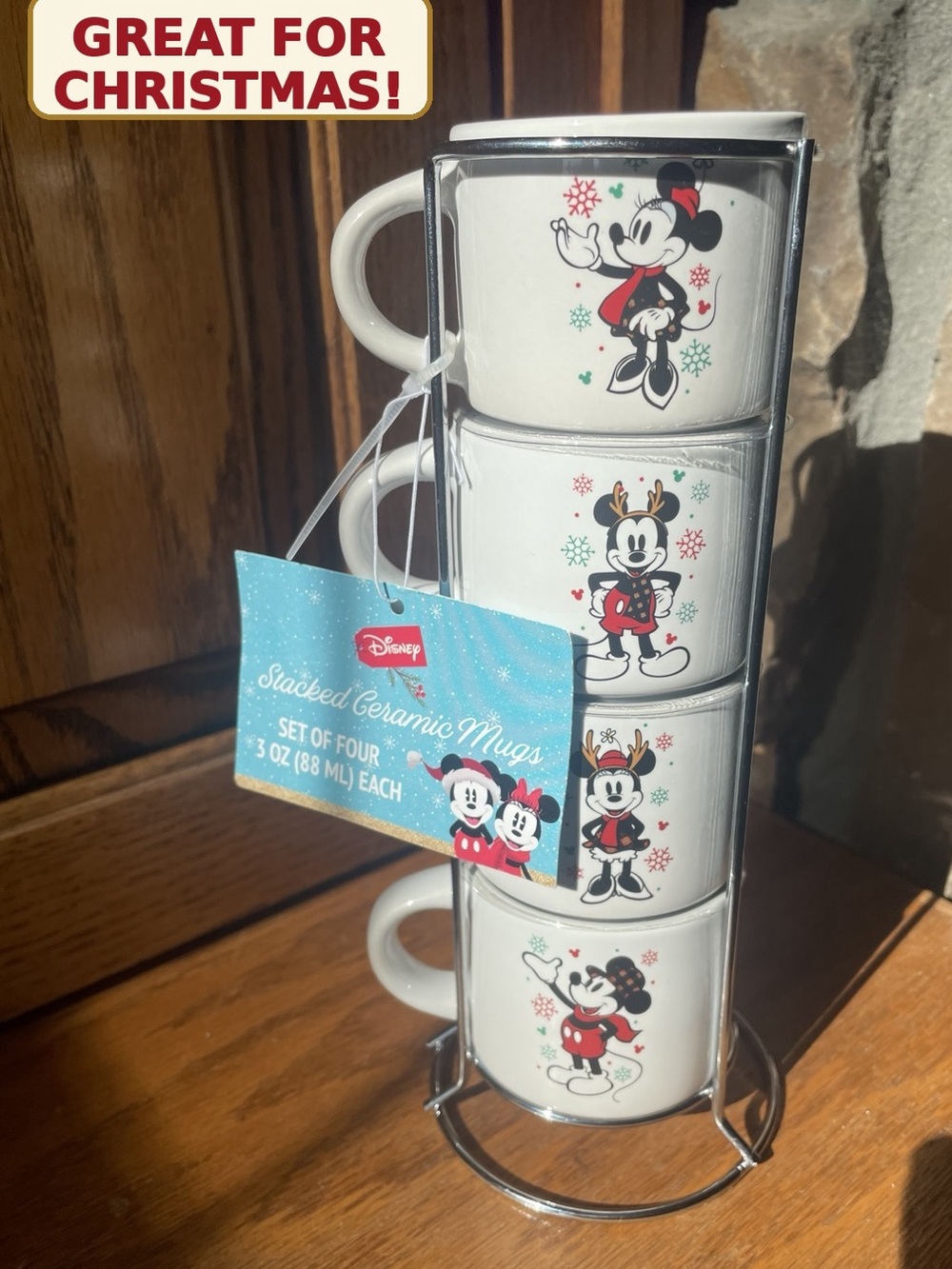 Disney White Ceramic Stackable Mickey Mouse Espresso Mug Set with Red Accents